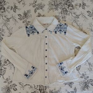 Faherty White Cotton Shirt with Embroidered Blue Accents